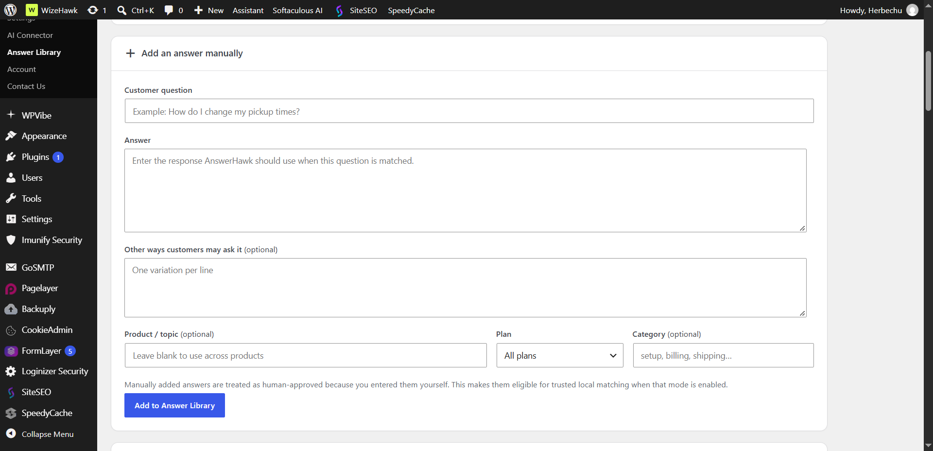 AnswerHawk manual answer form