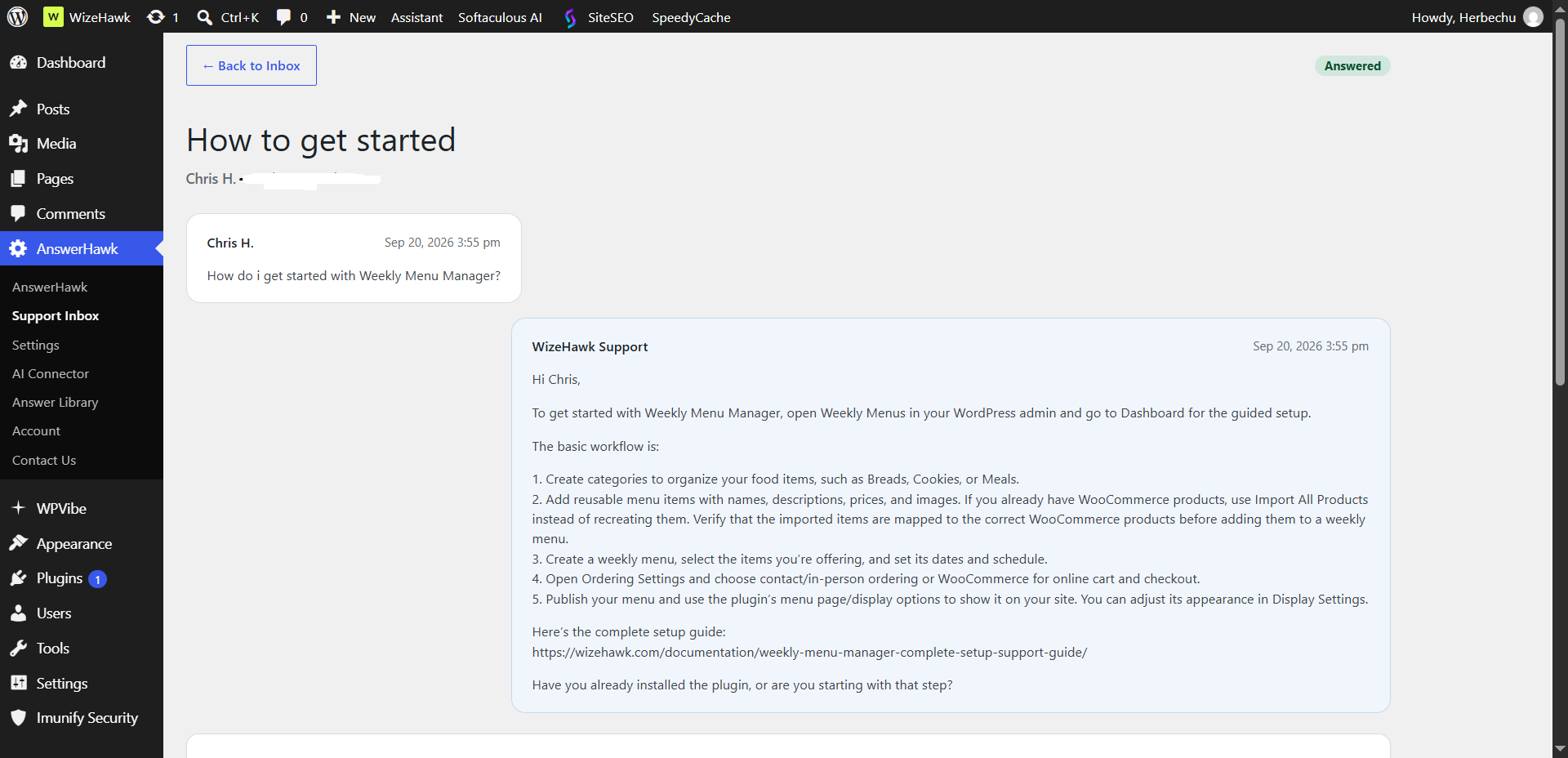 AnswerHawk answered support conversation