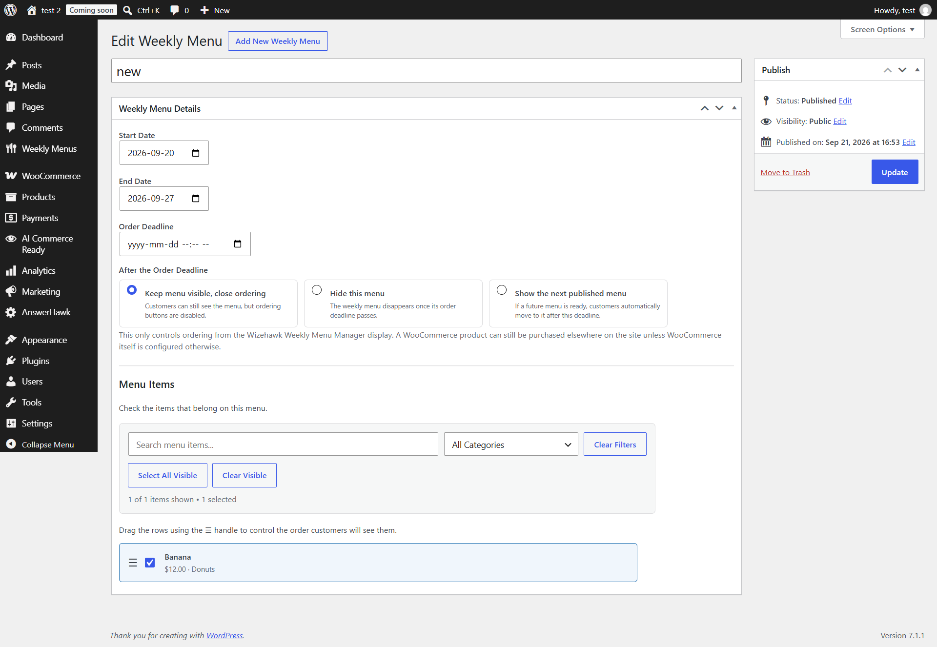 Weekly Menu Manager menu editor